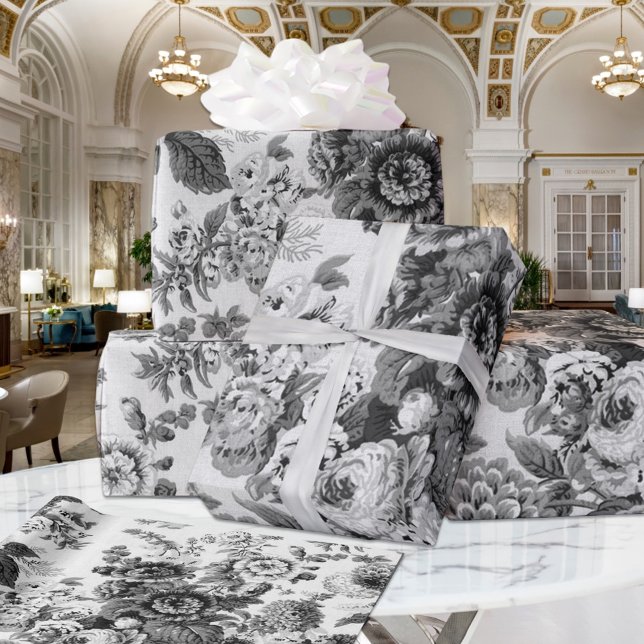Svartvitt Vintage Botaniskt Blommigt Toile Presentpapper (Skapare uppladdad)