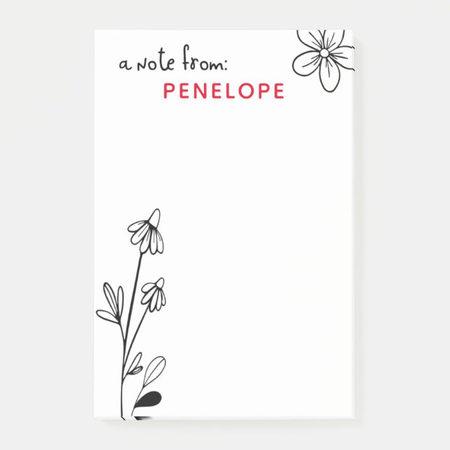 Svartvitt Whimsical Blommigt Namn Post-it Block (Framsida)