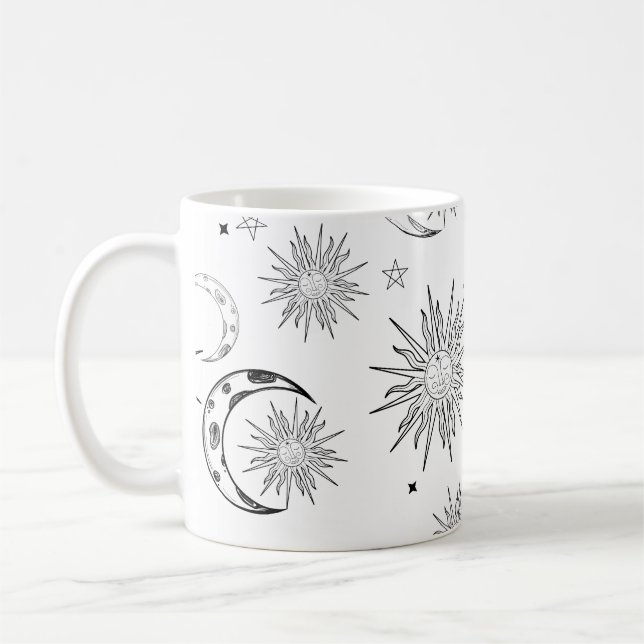 Svartvitt Whimsical Sol Måne & Stars Kaffemugg (Vänster)