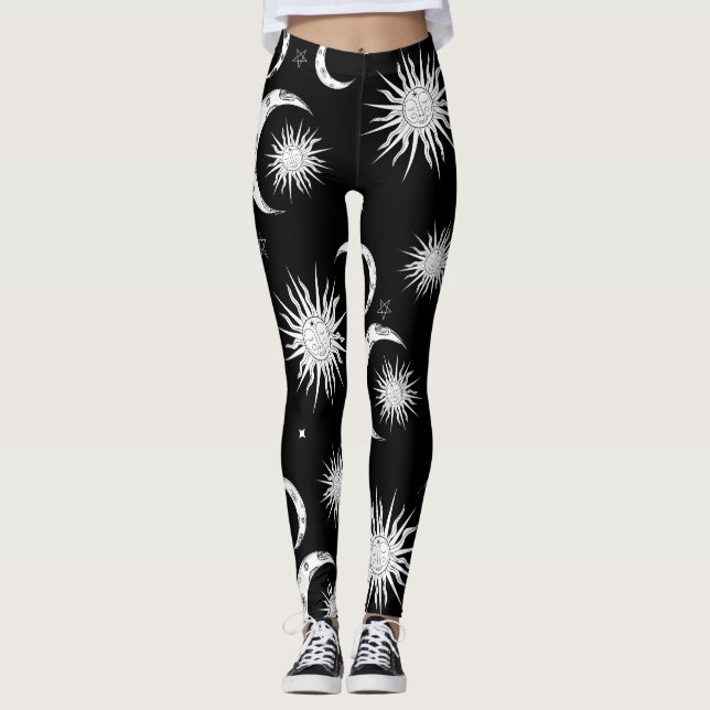 Svartvitt Whimsical Sol Måne & Stars Leggings (Framsida)