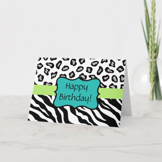 Svartvitt Zebra och Leopard Skin Birthday Card Kort (Framsida)