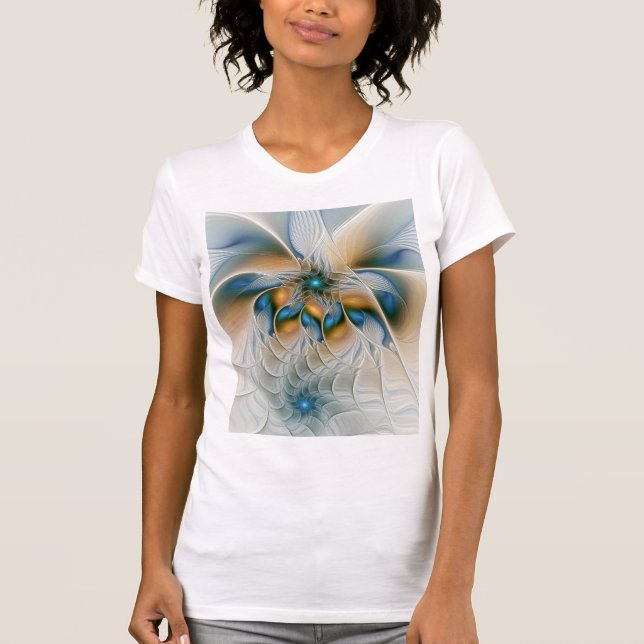Svävande, Abstrakt Fantasy Fraktal Konst Med Blå T Shirt (Framsida)