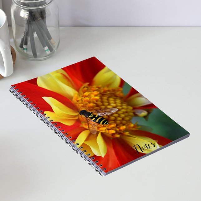 Svävfluga på orange och gul Dahlia Anteckningsbok (In Situ)