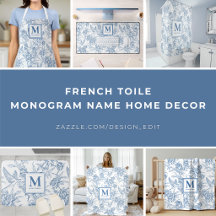 Blue French Toile Pattern Monogram Name Home Decor
