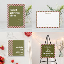 Retro Floral Checkerboard Pink Green Bat Mitzvah