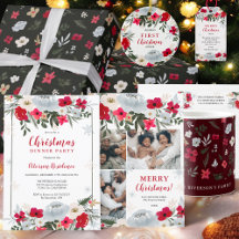 Elegant Red Green floral snowflake Christmas