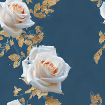 White Roses and Gold Leaves on a Blue Background