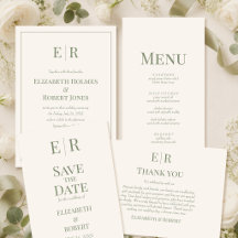 White & Olive Minimalist Monogram Wedding Suite