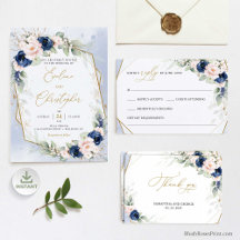96 Navy and Blush Roses Greenery Gold Geometric