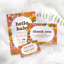 Hello Baby   Groovy Retro Floral Boho Baby Shower