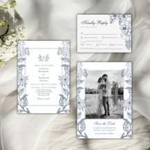 Watercolor Toile Blue Crest French Garden Wedding