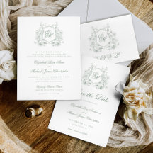 Sage Green Floral Crest Monogram Elegant Wedding