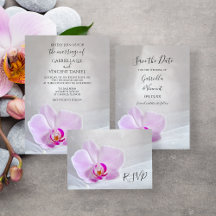Pink Orchid and Bridal Veil Wedding Stationery