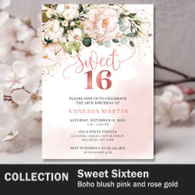 Sweet 16th Boho blush pink flowers rose gold foil