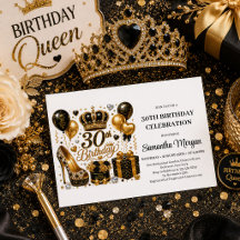 Luxe Gold Glitter Black 30th Birthday 135B