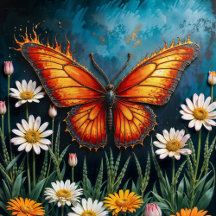 Fiery Monarch, Butterfly Burning Wings, Daisies