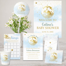 Modern Blue and Gold Over the Moon Baby Shower