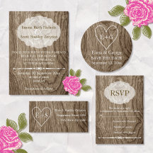Vintage frame & heart on wood wedding invitations