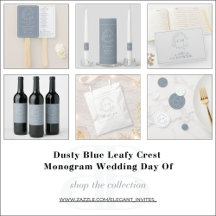 Dusty Blue Leafy Crest Monogram Wedding Day Of