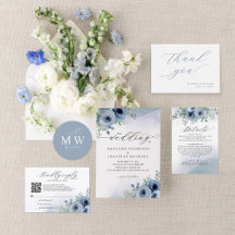 Whimsical Elegant Script Floral Dusty Blue Wedding