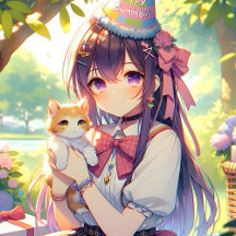 Pretty Anime Holding Kitten Girl's Birthday