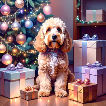 Cockapoo With Gifts & Christmas Tree