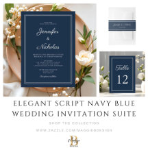 Elegant Script Navy Blue Wedding Invitation Suite
