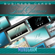 Business Cards Monogram Teal Luxe Glam Glitter