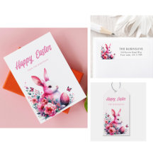 Happy Easter Floral Pink Easter Bunny 