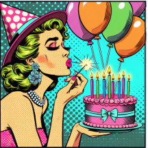 Retro Pop Art Pinup Girl Holding a Birthday Cake