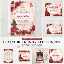 Burgundy Red Gold Floral Princess Quinceañera 04a