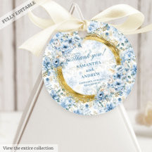  Boho Dusty Blue Flowers Gold Favor Tags 192W