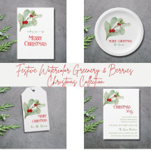 Festive Watercolor Greenery and Berries Christmas 