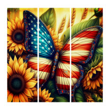 PATRIOTIC AMERICAN FLAG BUTTERFLY AND SUNFLOWERS