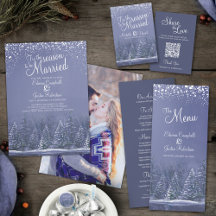 Winter wedding snowy pine trees by the lake blue