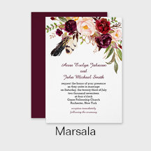 Marsala, Burgundy, Red, White Roses Boho Feathers 