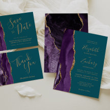 Purple Agate Teal Gold Whimsical Script Wedding
