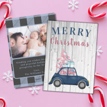 RETRO RUSTIC BLUE CAR PINK CHRISTMAS TREE PARTY