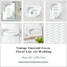 Vintage Emerald Green Floral Line Art Wedding