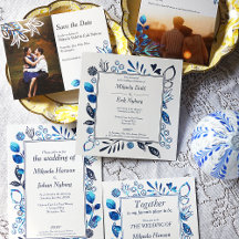 Blue Scandinavian Floral Wedding Invitations