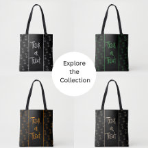halloween trick or treat typography tote bags