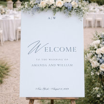 Modern Dusty Blue Reception Signs and Table Decor