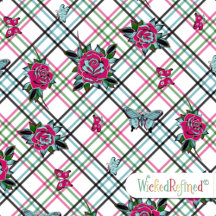 Tattoo Style Roses Skull Butterflies Plaid Blue