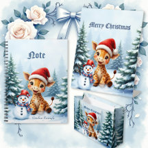 Cute Cartoon Giraffe with Santa Hat & Snowman 