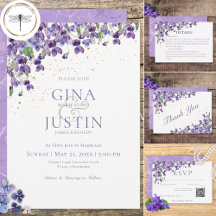 Rustic Purple Violets Gold Sparkle Wedding Suite