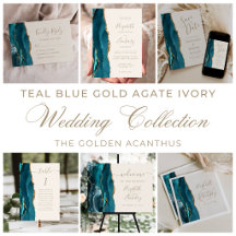 Modern Teal Blue Gold Agate Ivory Wedding Suite