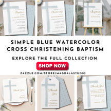 Simple Blue Watercolor Cross Christening Baptism