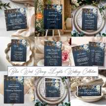 Blue Wood String Lights Floral Wedding Collection