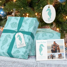 Beach Christmas Seahorses Aqua Blue Glitter