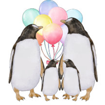 happy penguin family with colorful balloons